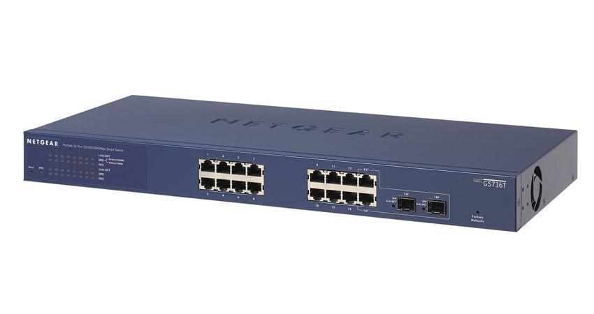 GS716T-200NAS NetGear ProSafe 16-Ports RJ-45 10/100/1000Mbps 1000Base-T Gigabit Ethernet Rack-mountable Smart Managed Switch with 2x 1000Base-X SFP Po (Refurbished)