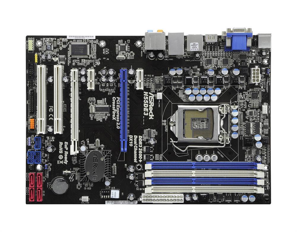 H55DE3 ASRock Socket LGA 1156 Intel H55 Chipset Core i7 / i5 / i3 / Pentium G6950 Processors Support DDR3 4x DIMM 4x SATA2 3.0Gb/s ATX Motherboard (Refurbished)