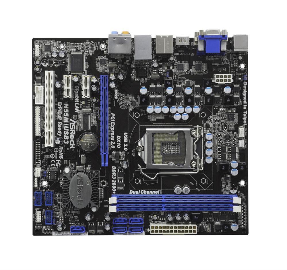 H55M/USB3 ASRock Socket LGA 1156 Intel H55 Chipset Core i7 / i5 / i3 / Pentium G6950 Processors Support DDR3 2x DIMM 5x SATA2 3.0Gb/s Micro-ATX Motherboard (Refurbished)