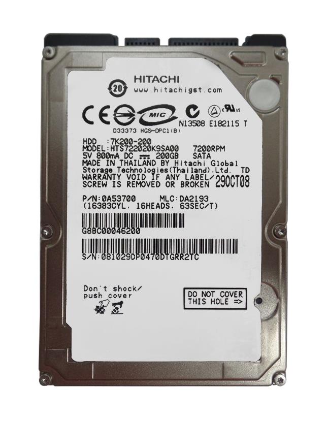 HTS722020K9SA00 Hitachi Travelstar 7K200 200GB 7200RPM SATA 1.5Gbps 16MB Cache 2.5-inch Internal Hard Drive