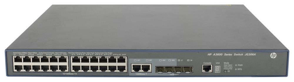 JG306A HP 3600-24-PoE+ V2 SI Switch Layer4 Managed 24 X 10/100 + 4 X Gigabit SFP + 2 X Shared 10/100/1000 Rack Mountable (Refurbished)