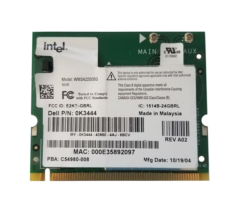 K3444 Dell Wireless Network Card Pro Wireless 802.11bg MiniPCI