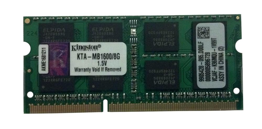 KTA-MB1600/8G-A1 Kingston 8GB PC3-12800 DDR3-1600MHz non-ECC Unbuffered CL11 204-Pin SoDimm Dual Rank Memory Module