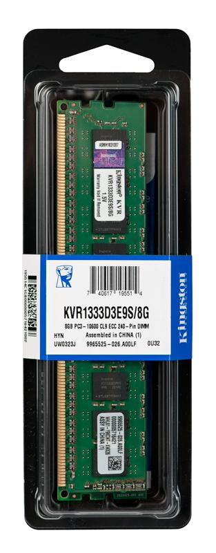 KVR1333D3E9S/8G Kingston 8GB PC3-10600 DDR3-1333MHz ECC Unbuffered CL9 240-Pin DIMM Dual Rank Memory Module