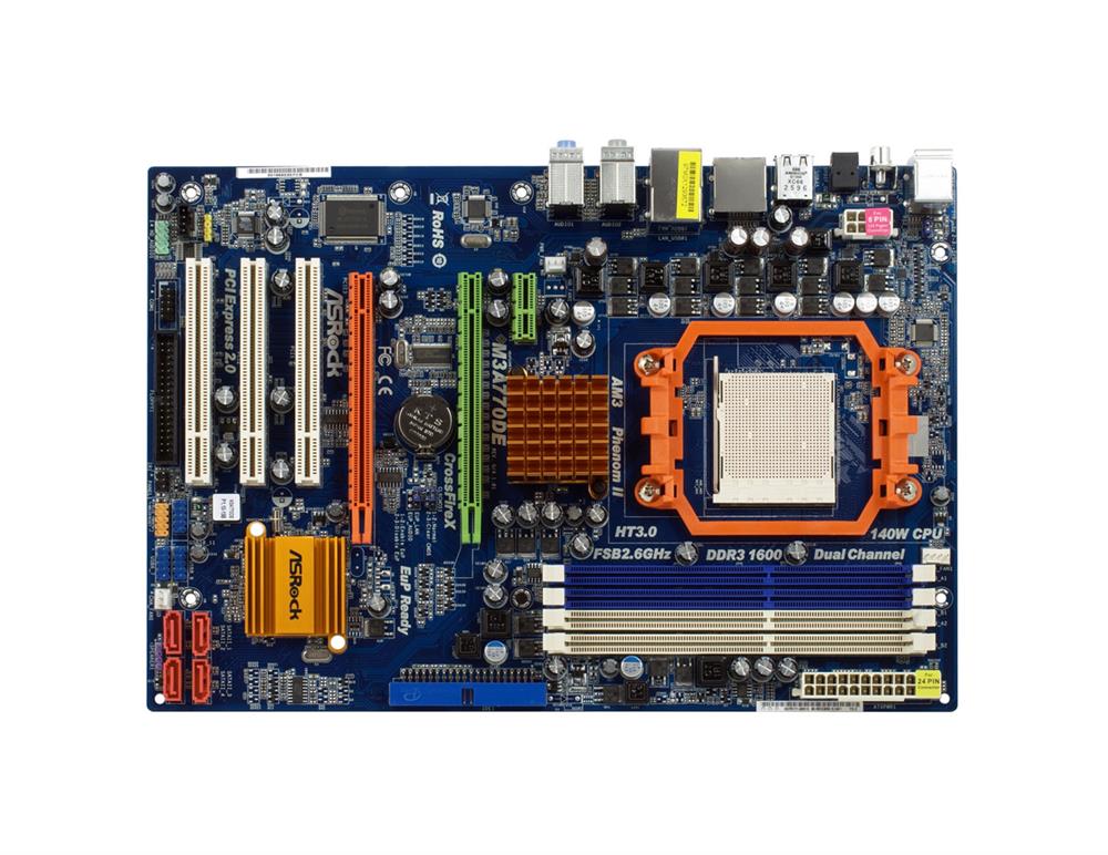 M3A770DE ASRock Socket AM3 AMD 770 + SB710 Chipset AMD Phenom II X6/ Phenom II X4/ Phenom II X3/ Phenom II X2/ AMD Athlon X4/ Athlon X3/ Athlon X2/ AMD Sempron Processors Support DDR3 4x DIMM 4x SATA2 3.0Gb/s ATX Motherboard (Refurbished)