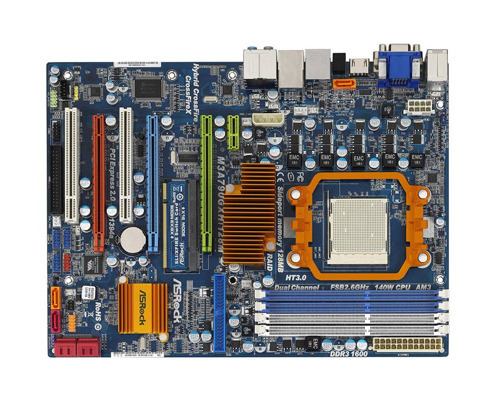 M3A790GXH/128M ASRock Socket AM2+/AM2 AMD 790GX + SB750 Chipset AMD Phenom FX/ AMD Phenom/ AMD Athlon 64 FX/ Athlon 64 X2 Dual-Core/ Athlon X2 Dual-Core/ Athlon 64/ AMD Sempron Processors Support DDR2 4x DIMM 6x SATA2 3.0Gb/s ATX Motherboard (Refurbished)