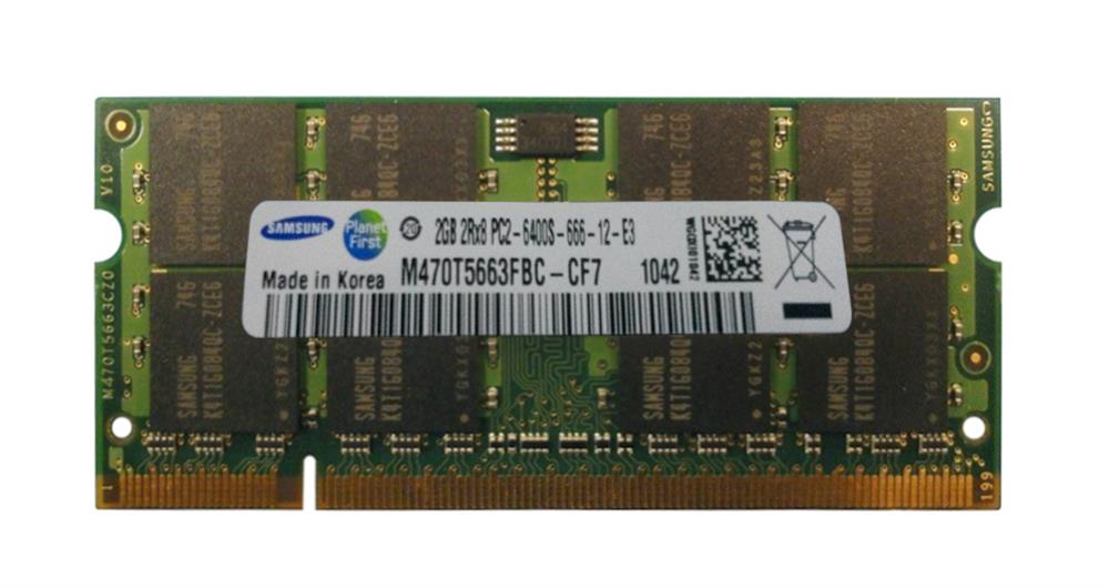 M470T5663FBC-CF7 Samsung 2GB PC2-6400 DDR2-800MHz non-ECC Unbuffered CL6 200-Pin SoDimm Dual Rank Memory Module