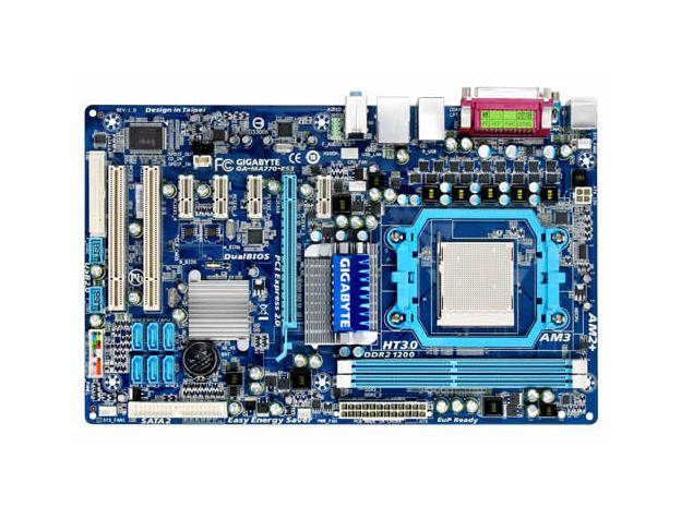 MA770-ES3 Gigabyte Socket AM3/AM2+/AM2 AMD 770 + SB710 Chipset AMD Phenom FX/ Phenom X4/ Phenom X3/ AMD Athlon X2/ Athlon / AMD Sempron X2/ Sempron Processors Support DDR2 2x DIMM 6x SATA 3.0Gb/s ATX Motherboard (Refurbished)