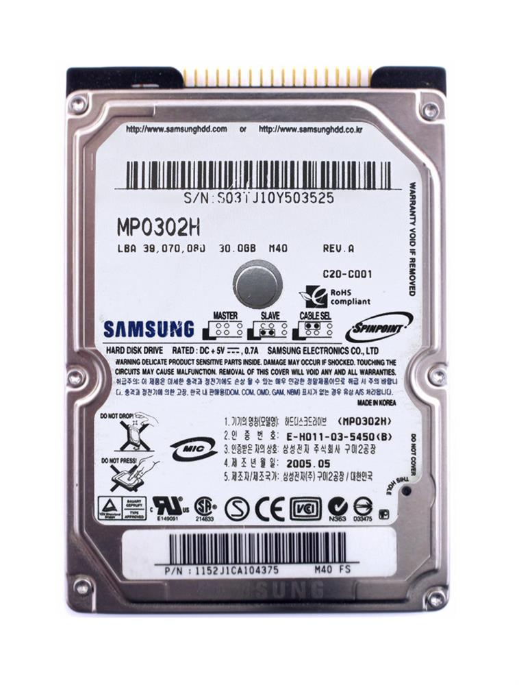 MP0302H Samsung Spinpoint M40 30GB 5400RPM ATA-100 8MB Cache 2.5-inch Internal Hard Drive