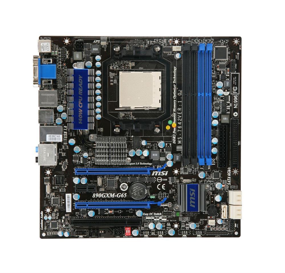 MS7642 MSI 890GXM-G65 Socket AM3 890GX + SB850 Chipset AMD Phenom II X4/ Phenom II X3/ Phenom II X2/ AMD Athlon II X4/ Athlon II X3/ AMD Sempron Processors Support DDR3 4x DIMM 5x SATA 6.0Gb/s Micro-ATX Motherboard (Refurbished) 