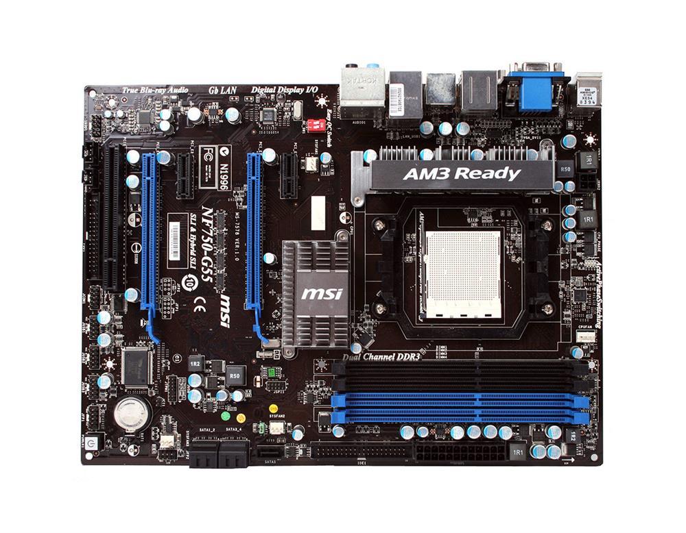 NF750G557578001 MSI Socket AM3 Nvidia nForce 750a SLI Chipset AMD Phenom II X4/ Phenom II X3/ Phenom II X2/ Athlon II X2 Processors Support DDR3 4x DIMM 5x SATA2 3.0Gb/s ATX Motherboard (Refurbished)