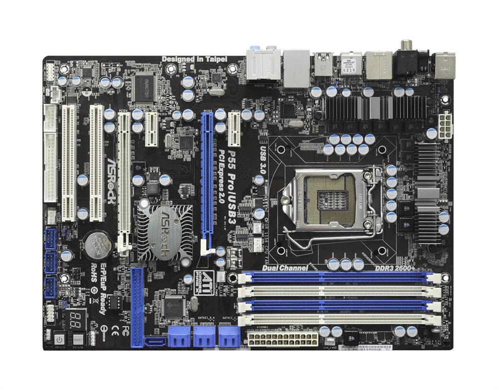 P55PRO/USB3 ASRock P55 Pro/USB3 Socket LGA 1156 Intel P55 Chipset Core i7 / i5 / i3 / Pentium G6950 Processors Support DDR3 4x DIMM 7x SATA2 3.0Gb/s ATX Motherboard (Refurbished)