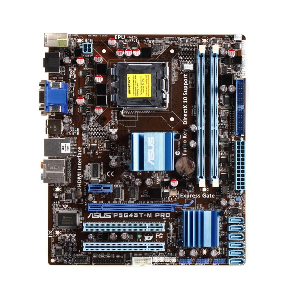 P5G43T-MPRO ASUS Socket LGA 775 Intel G43 + ICH10 Chipset Core 2 Extreme/ Core 2 Duo/ Pentium Dual-Core/ Celeron Dual-Core/ Celeron Processors Support DDR3 2x DIMM 6x SATA 3.0Gb/s Micro-ATX Motherboard (Refurbished)