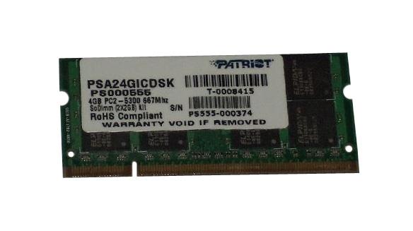 PSA24GICDSK Patriot 4GB Kit (2 X 2GB) PC2-5300 DDR2-667MHz non-ECC Unbuffered CL5 200-Pin SoDimm Memory