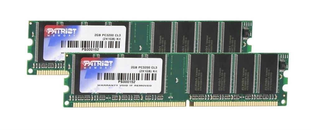PSD2G333K Patriot 2GB Kit (2 X 1GB) PC3200 DDR-400MHz non-ECC Unbuffered CL2.5 184-Pin DIMM 2.5V Memory