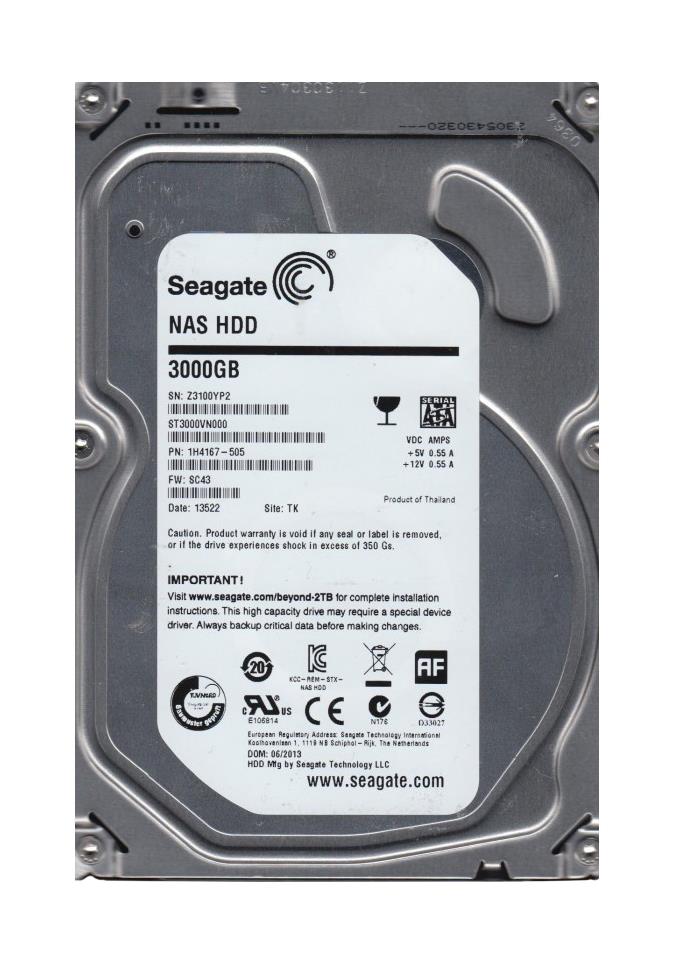 ST3000VN000 Seagate NAS HDD 3TB 7200RPM SATA 6Gbps 64MB Cache 3.5-inch Internal Hard Drive