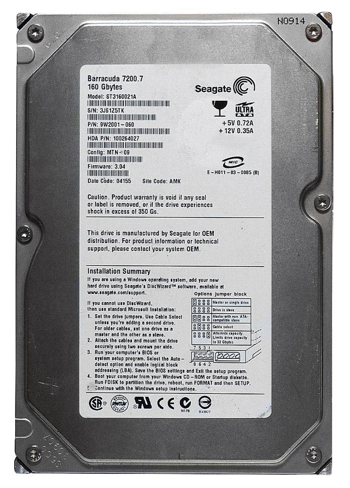 ST3160021A Seagate Barracuda 7200.7 160GB 7200RPM ATA-100 2MB Cache 3.5-inch Internal Hard Drive