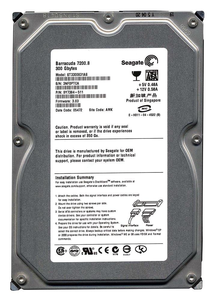 ST3300831AS Seagate Barracuda 7200.8 300GB 7200RPM SATA 1.5Gbps 8MB Cache 3.5-inch Internal Hard Drive