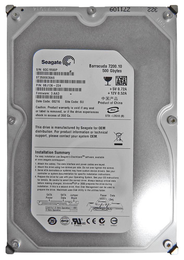 ST3500830AS Seagate Barracuda 7200.10 500GB 7200RPM SATA 3Gbps 8MB Cache 3.5-inch Internal Hard Drive