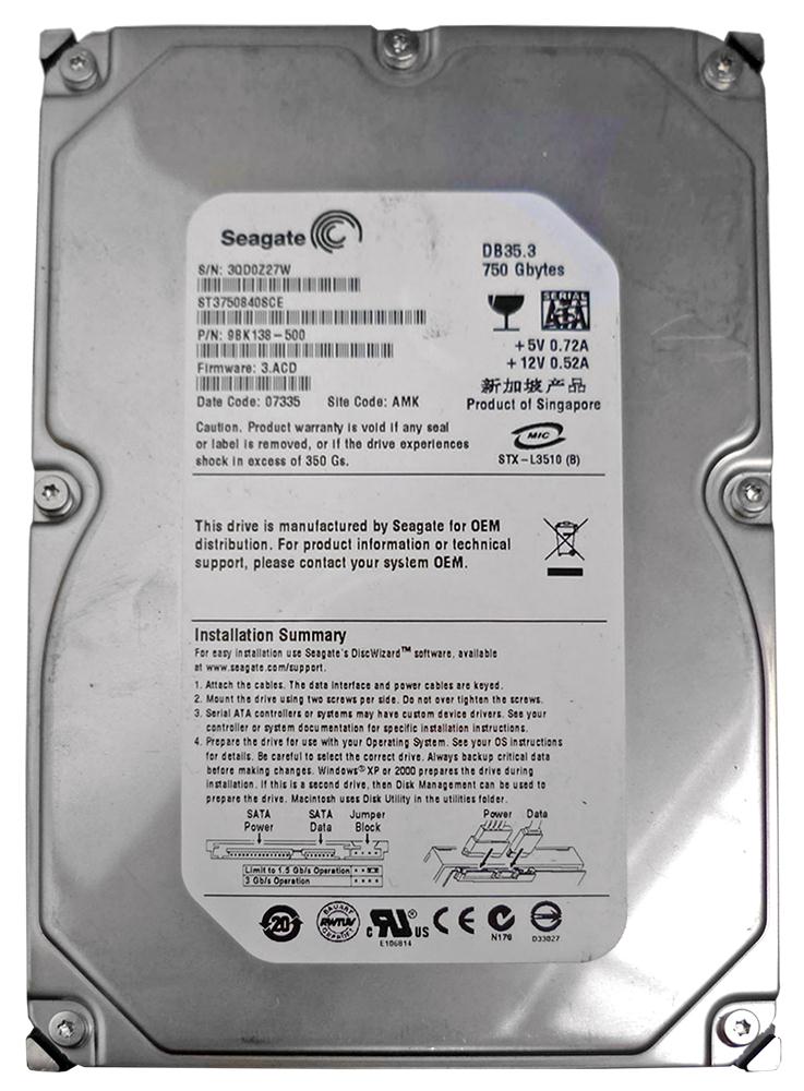 ST3750840SCE Seagate DB35 Series 750GB 7200RPM SATA 3Gbps 8MB Cache 3.5-inch Internal Hard Drive