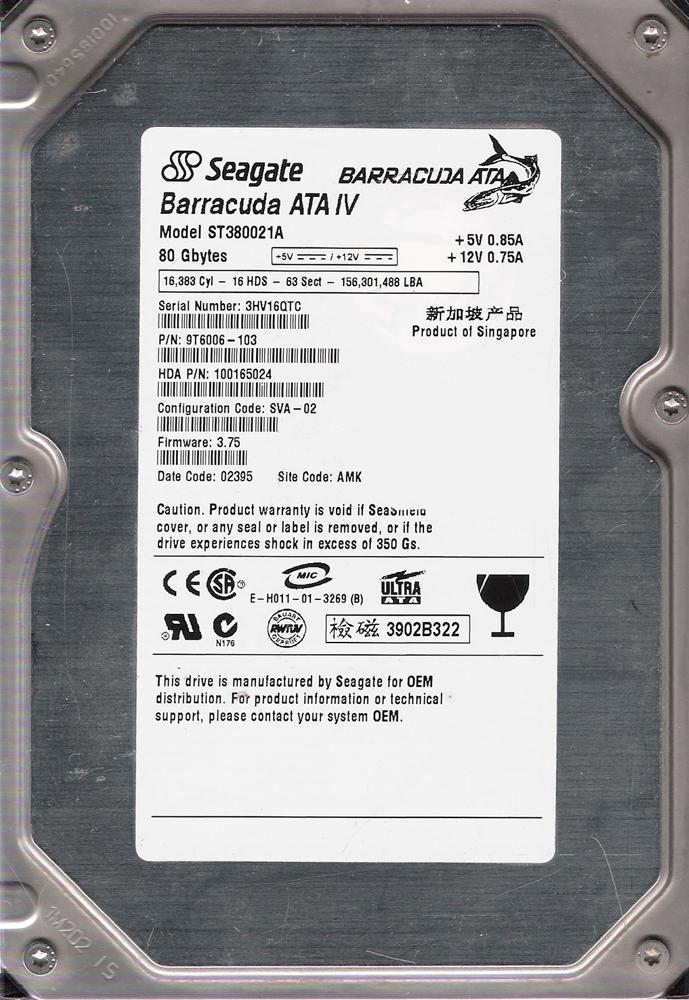 ST380021A Seagate Barracuda ATA IV 80GB 7200RPM ATA-100 2MB Cache 3.5-inch Internal Hard Drive