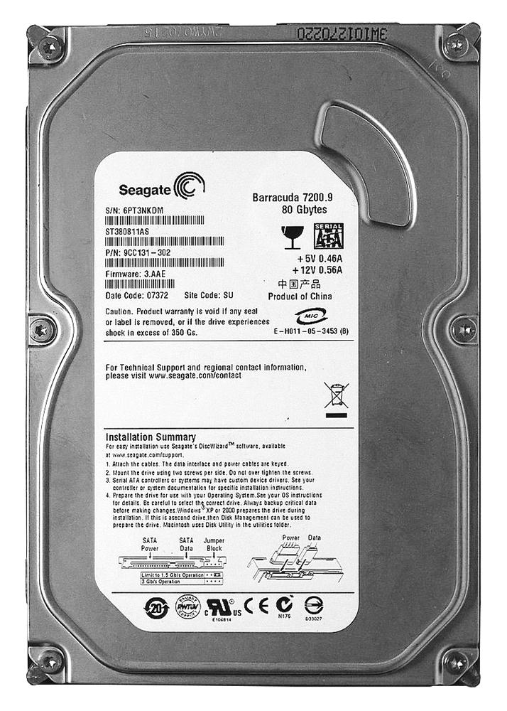 ST380811AS Seagate Barracuda 7200.9 80GB 7200RPM SATA 3Gbps 8MB Cache 3.5-inch Internal Hard Drive