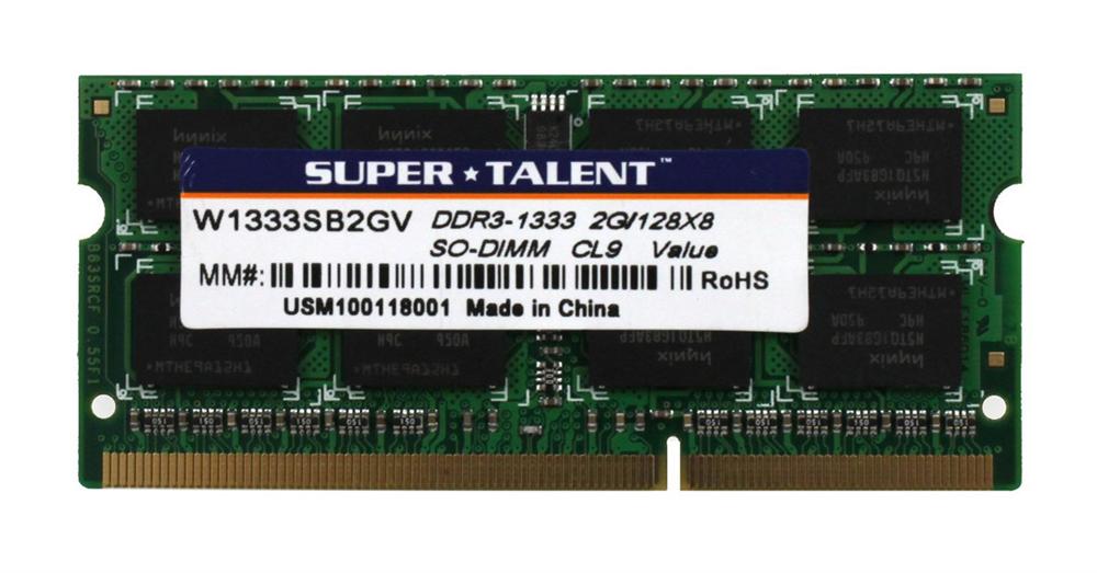 W1333SB2GV Super Talent 2GB PC3-10600 DDR3-1333MHz non-ECC Unbuffered CL9 204-Pin SoDimm Single Rank Memory Module