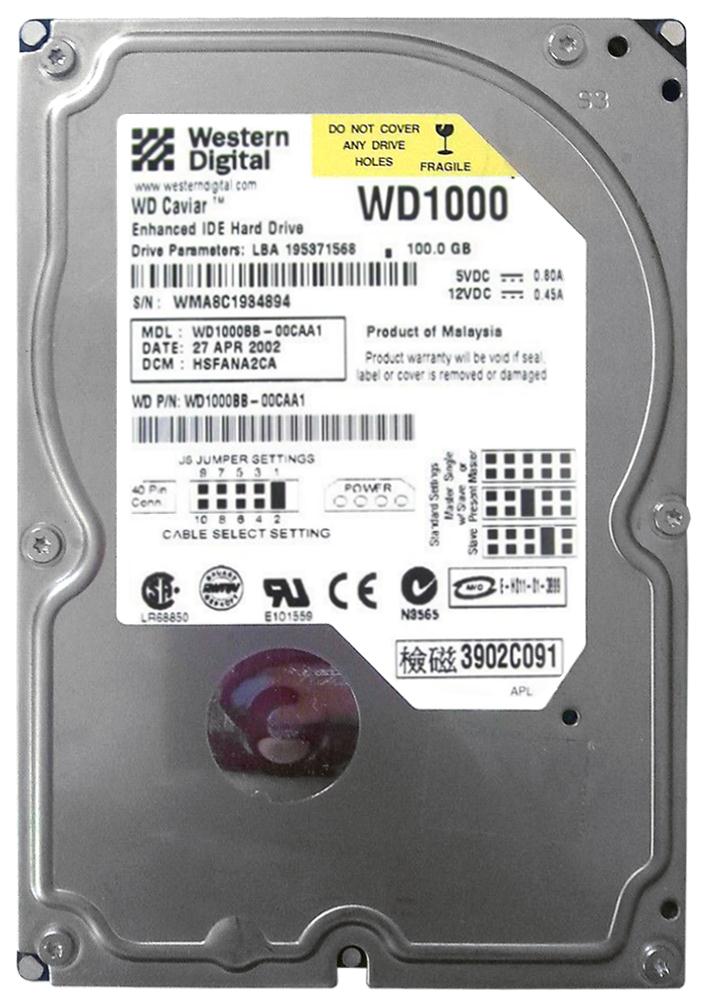 WD1000BB-00CAA1 Western Digital Caviar 100GB 7200RPM ATA-100 2MB Cache 3.5-inch Internal Hard Drive