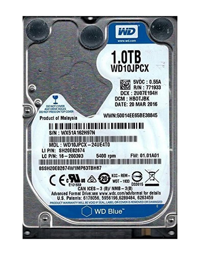 WD10JPCX-24UE4T0 Western Digital Blue 1TB 5400RPM SATA 6Gbps 16MB Cache 2.5-inch Internal Hard Drive