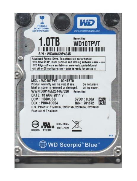WD10TPVT-00HT5T0 Western Digital Scorpio Blue 1TB 5200RPM SATA 3Gbps 8MB Cache 2.5-inch Internal Hard Drive