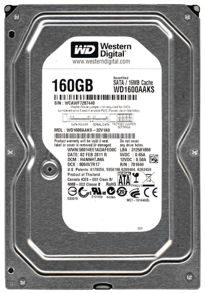 WD1600AAKS-32V1A0 Western Digital Caviar Blue 160GB 7200RPM SATA 3Gbps 16MB Cache 3.5-inch Internal Hard Drive
