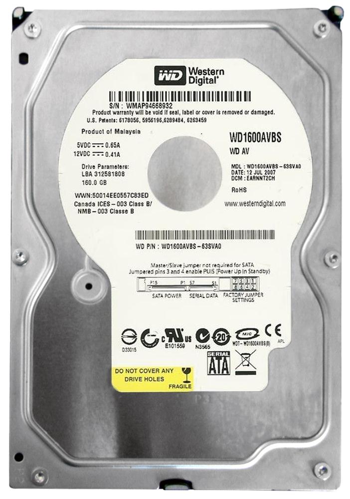WD1600AVBS-63SVA0 Western Digital AV 160GB 7200RPM SATA 3Gbps 2MB Cache 3.5-inch Internal Hard Drive