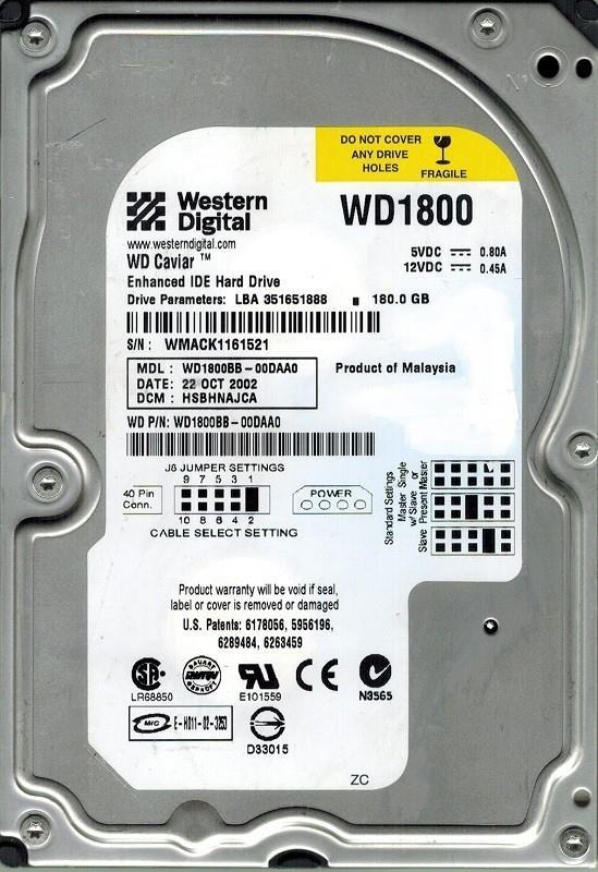 WD1800BB-00DAA0 Western Digital Caviar 180GB 7200RPM ATA-100 2MB Cache 3.5-inch Internal Hard Drive