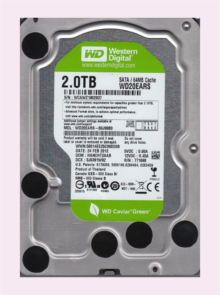 WD20EARS-OOJ99BO Western Digital Caviar Green 2TB 5400RPM SATA 3Gbps 64MB Cache 3.5-inch Internal Hard Drive