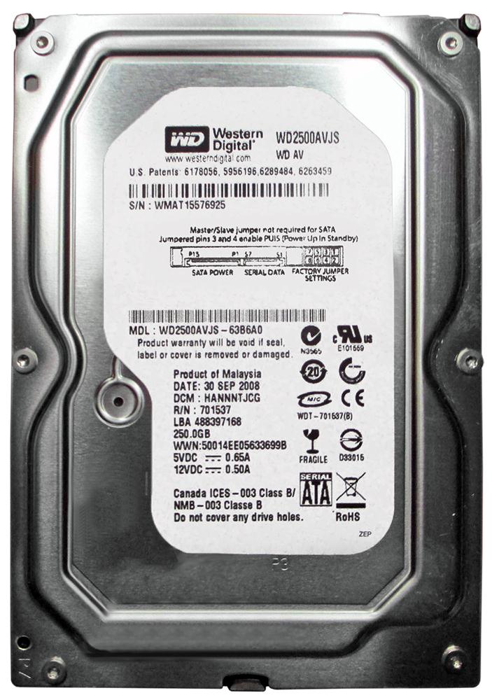 WD2500AVJS-63B6A0 Western Digital AV 250GB 7200RPM SATA 3Gbps 8MB Cache 3.5-inch Internal Hard Drive