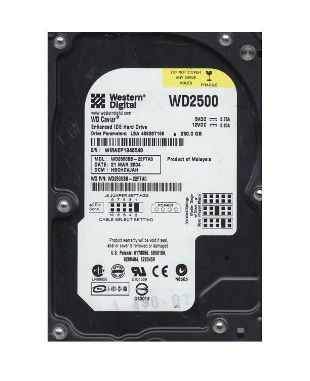 WD2500BB-22FTA0 Western Digital Caviar 250GB 7200RPM ATA-100 2MB Cache 3.5-inch Internal Hard Drive