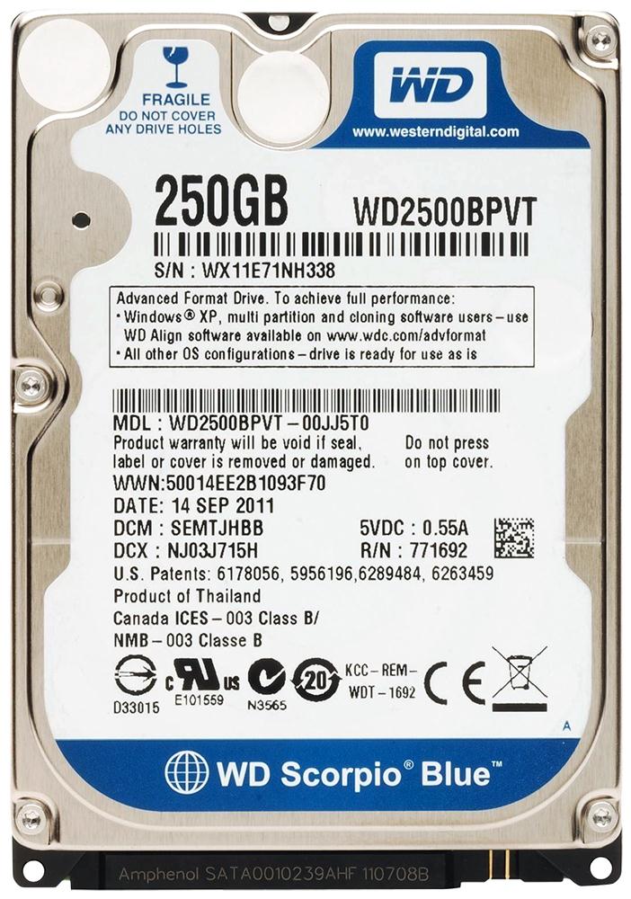 WD2500BPVT Western Digital Scorpio Blue 250GB 5400RPM SATA 3Gbps 8MB Cache 2.5-inch Internal Hard Drive