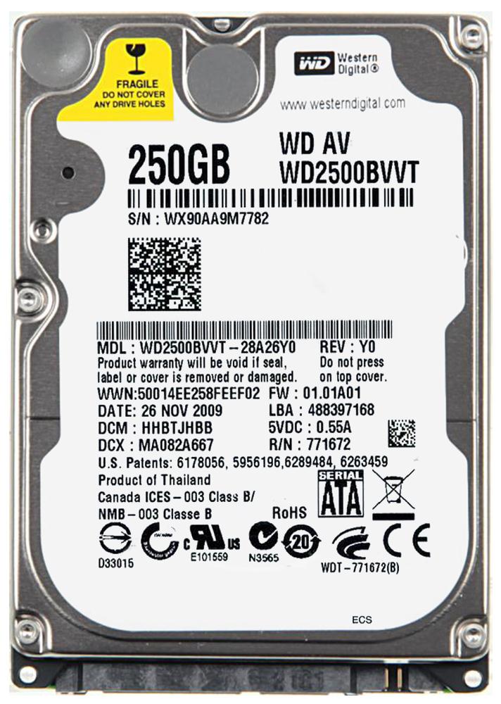 WD2500BVVT-28A26Y0 Western Digital AV 250GB 5400RPM SATA 3Gbps 8MB Cache 2.5-inch Internal Hard Drive