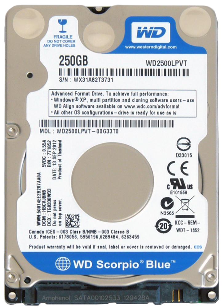 WD2500LPVT Western Digital Scorpio Blue 250GB 5400RPM SATA 3Gbps 8MB Cache 2.5-inch Internal Hard Drive