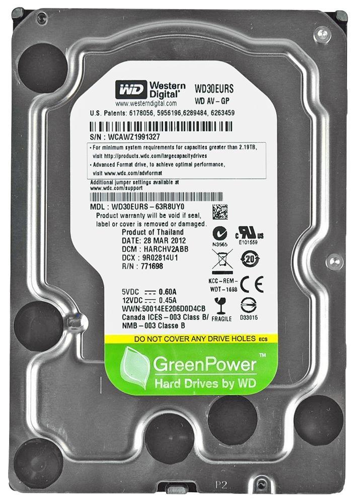WD30EURS Western Digital AV-GP 3TB 5400RPM SATA 3Gbps 64MB Cache 3.5-inch Internal Hard Drive