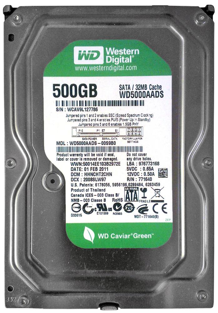 WD5000AADS-00S9B0 Western Digital Caviar Green 500GB 5400RPM SATA 3Gbps 32MB Cache 3.5-inch Internal Hard Drive