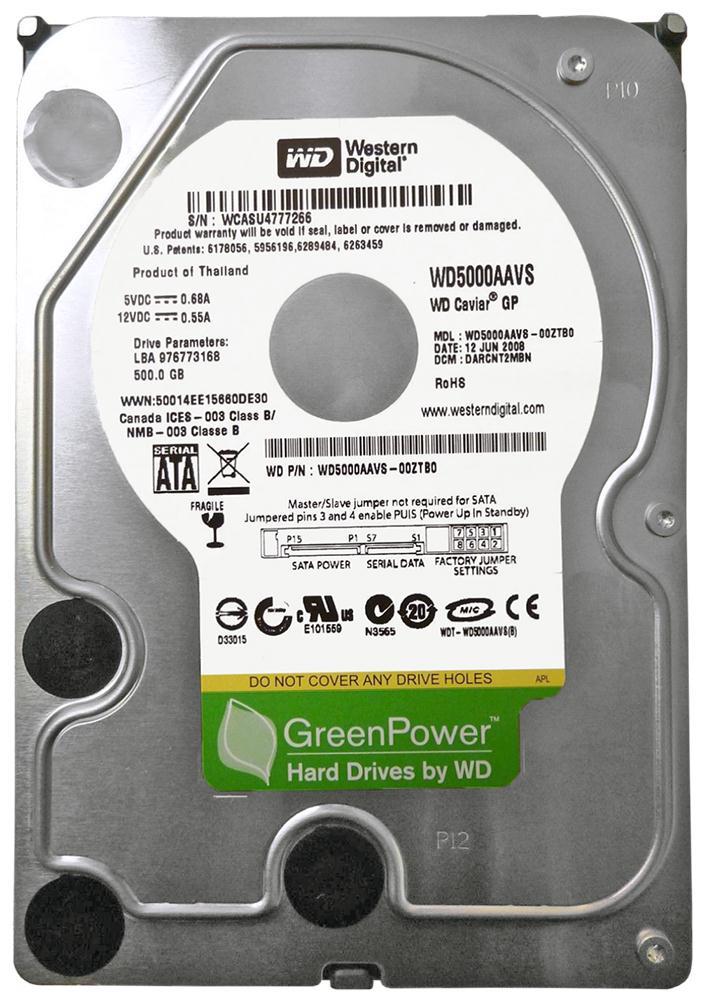 WD5000AAVS Western Digital Caviar Green 500GB 7200RPM SATA 3Gbps 8MB Cache 3.5-inch Internal Hard Drive