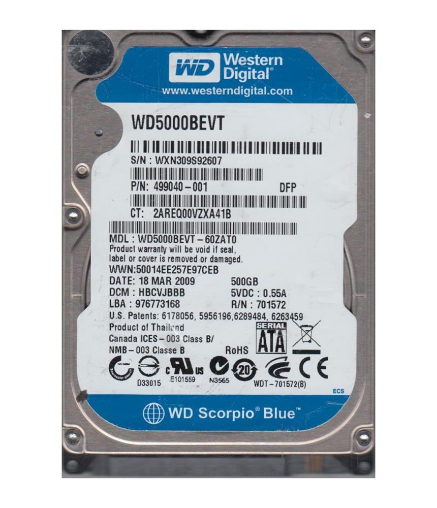 WD5000BEVT-60ZAT0 Western Digital Scorpio Blue 500GB 5400RPM SATA 3Gbps 8MB Cache 2.5-inch Internal Hard Drive