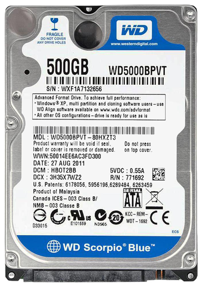 WD5000BPVT Western Digital Scorpio Blue 500GB 5400RPM SATA 3Gbps 8MB Cache 2.5-inch Internal Hard Drive