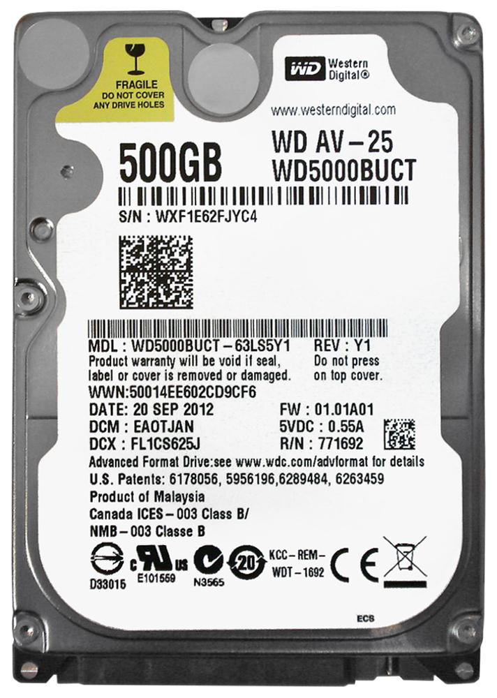 WD5000BUCT Western Digital AV-25 500GB 5400RPM SATA 3Gbps 16MB Cache 2.5-inch Internal Hard Drive