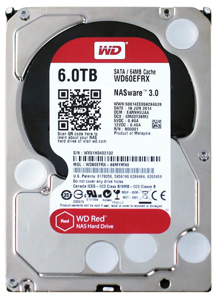 WD60EFRX Western Digital Red 6TB 5400RPM SATA 6Gbps 64MB Cache 3.5-inch Internal Hard Drive