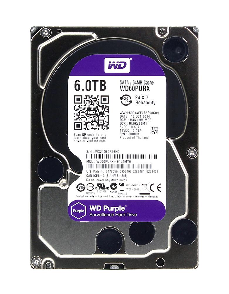 WD60PURX Western Digital Purple 6TB 5400RPM SATA 6Gbps 64MB Cache 3.5-inch Internal Hard Drive