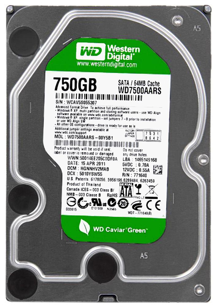 WD7500AARS Western Digital Caviar Green 750GB 5400RPM SATA 3Gbps 64MB Cache 3.5-inch Internal Hard Drive
