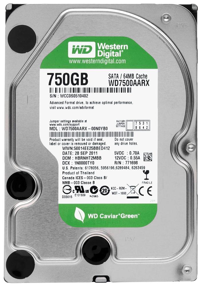 WD7500AARX-00N0YB0 Western Digital Caviar Green 750GB 5400RPM SATA 6Gbps 64MB Cache 3.5-inch Internal Hard Drive