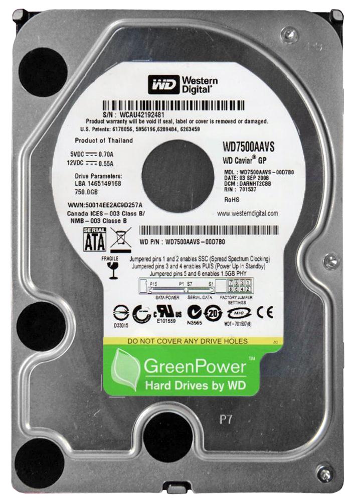 WD7500AAVS-00D7B0 Western Digital Caviar Green 750GB 5400RPM SATA 3Gbps 8MB Cache 3.5-inch Internal Hard Drive